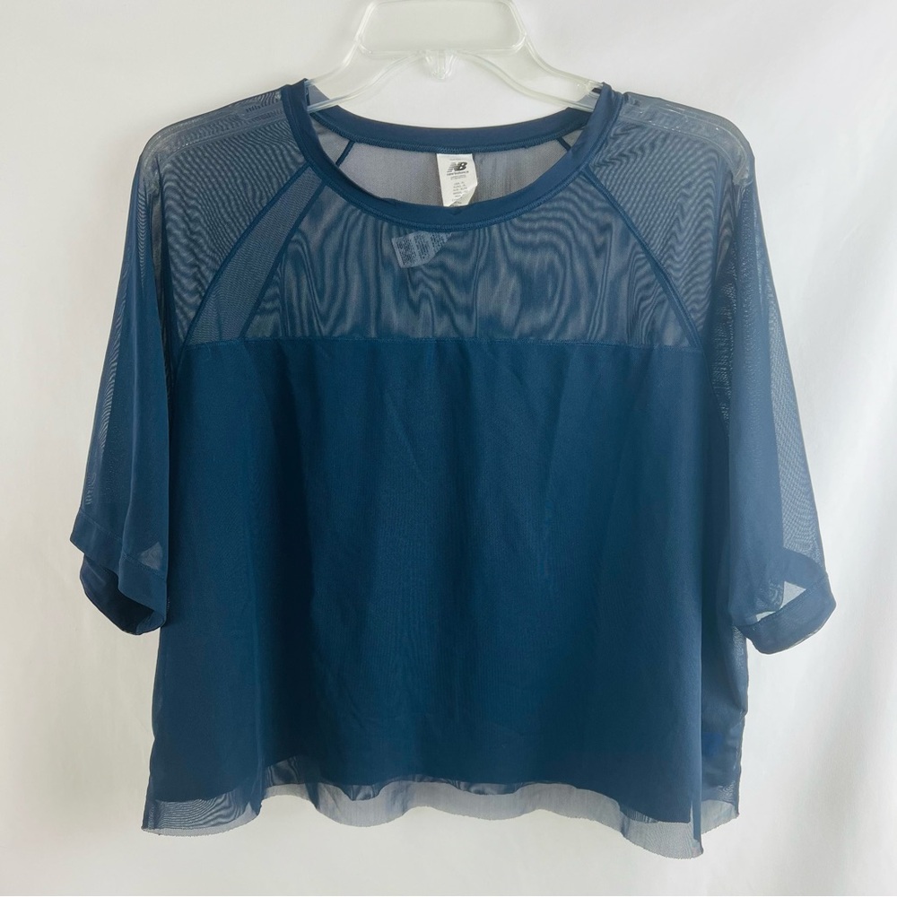 NEW BALANCE WOMENS FEEL THE COOL T-SHIRT MESH CROP TOP NAVY GYM RUNNING